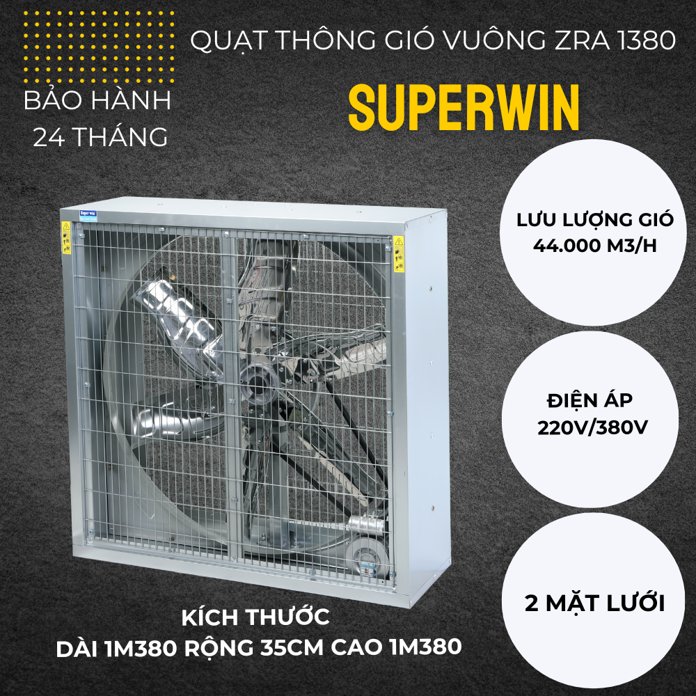 Quạt thông gió vuông gián tiếp 2 mặt lưới Superwin ZRA 1380-220v