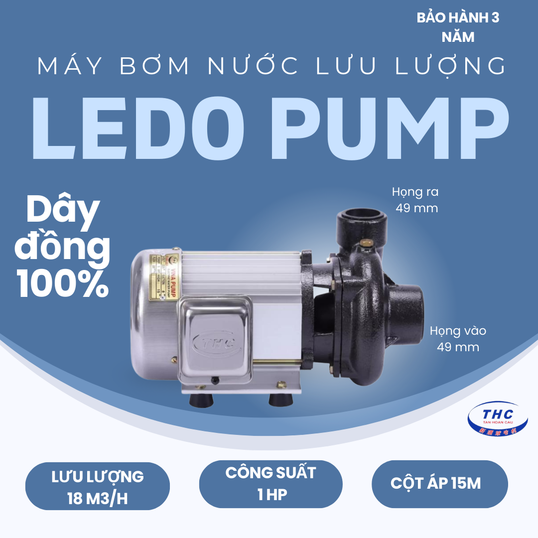 Máy bơm nước ly tâm Tân Hoàn Cầu Ledo Pump 1HP họng 49/49